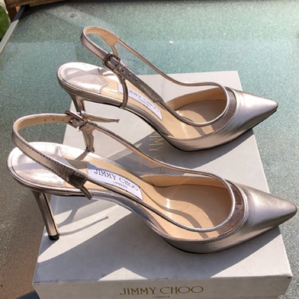 Jimmy Choo Silver Metallic Slingback Pointed-Toe Heels